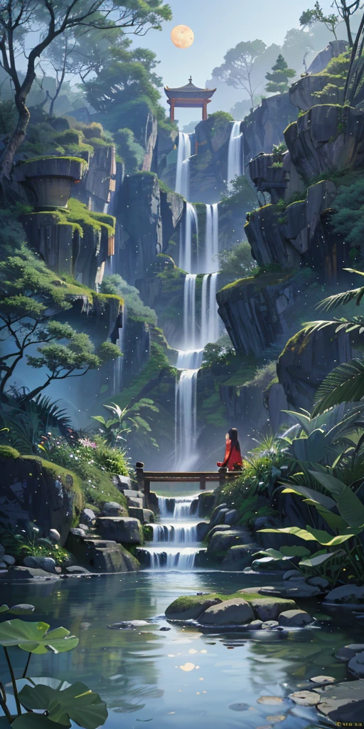Ancient Chinese architecture, garden, bamboo, lake, stone bridge, rockery, arch, corner, rockery, tree, flowing water, landscape, outdoor, waterfall, meadow, rock, water lily, stream, lotus, moon, night view, hot springs, water vapor, (illustration: 1.0), epic composition, realistic lighting, high-definition detail, masterpiece, best quality, (very detailed CG unified 8k wallpaper), (best quality)