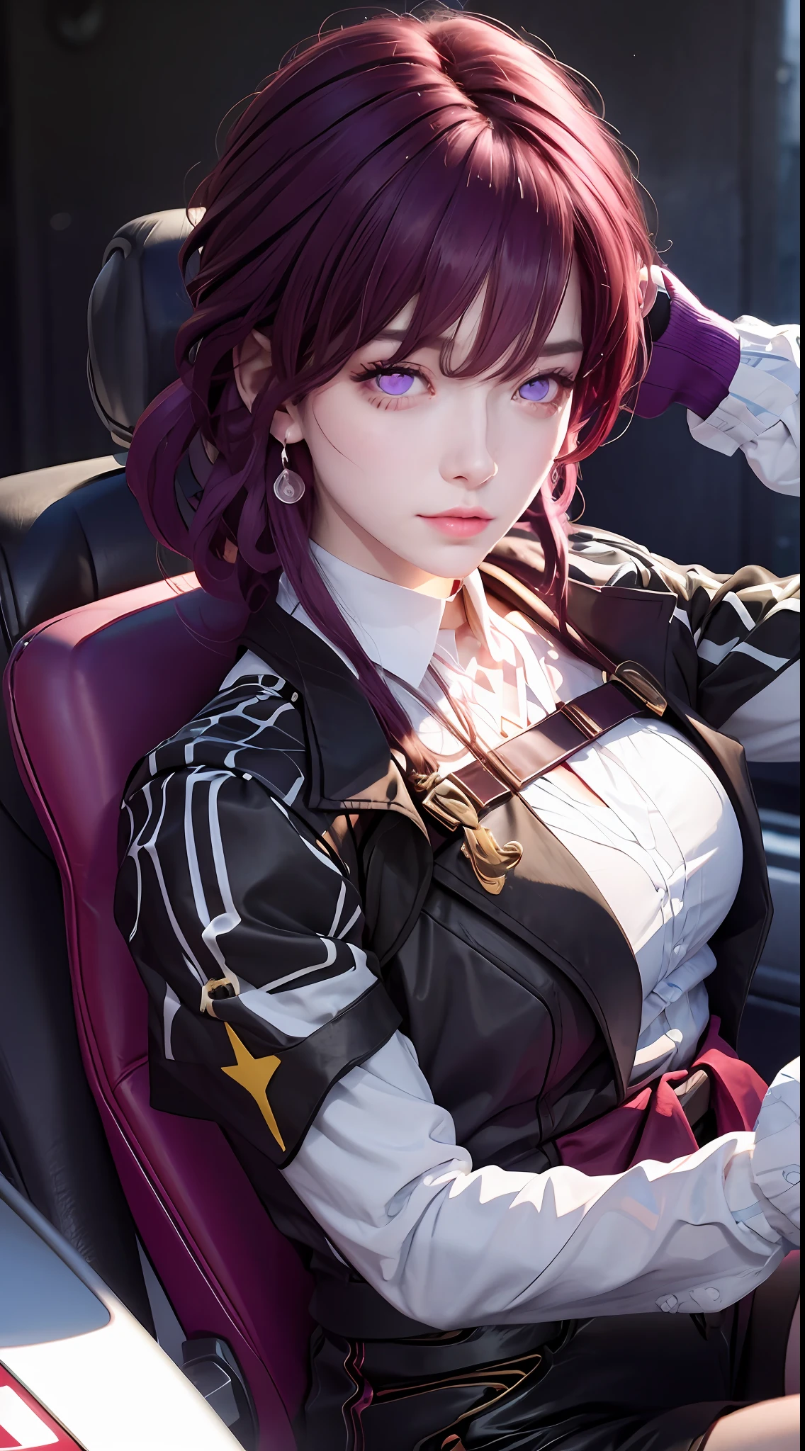 Masterpiece level, highest quality assurance, highlighting the image of 1 girl, official style, fantastic purple eyes and hair, elastic skin, moderate close-up shot, looking directly at the audience, clear picture and vignetting effect, detailed and charming eyes (pureerosface_v1:0.5), very provocative action, intense star track background, bustling cross-legged, arrogant bangs, horror apocalyptic background.