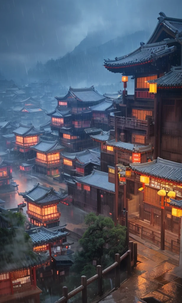 arafed view of a village with a lot of lights on the buildings, dreamy chinese town, chinese village, amazing wallpaper, japanese town, japanese village, hyper realistic photo of a town, old asian village, japanese city, by Raymond Han, rainy evening, cyberpunk chinese ancient castle, beautifully lit buildings, at evening during rain, beautiful and aesthetic, photography, cinematic, 8k, high detailed ((Heavy rain)))
