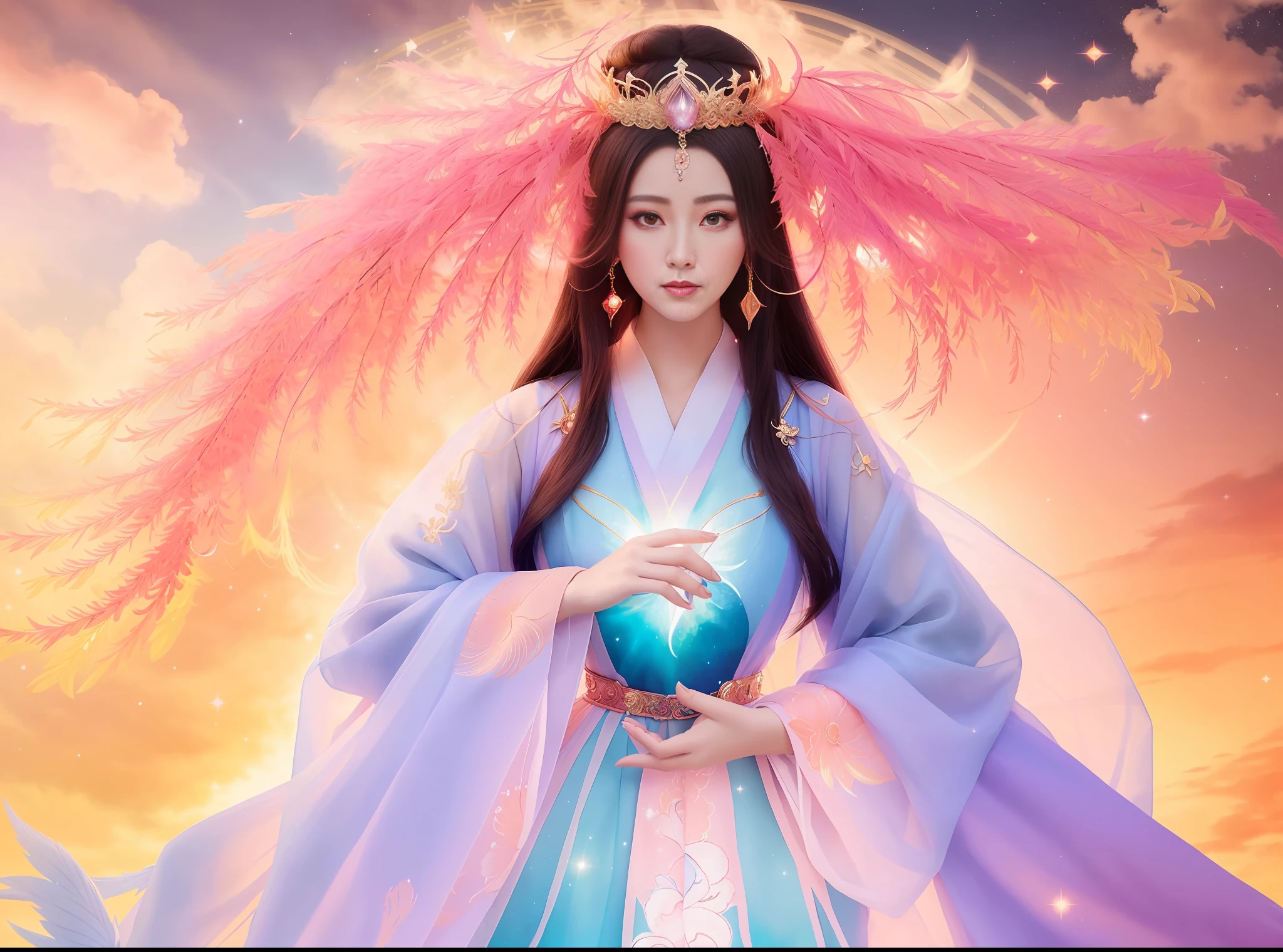 a close up of a woman in a dress with a phoenix in her hand, a beautiful fantasy empress, ((a beautiful fantasy empress)), beautiful celestial mage, beautiful and elegant elf queen, beautiful character painting, full body xianxia, portrait knights of zodiac girl, by Yang J, g liulian art style, fantasy art style,foreshortening, from above