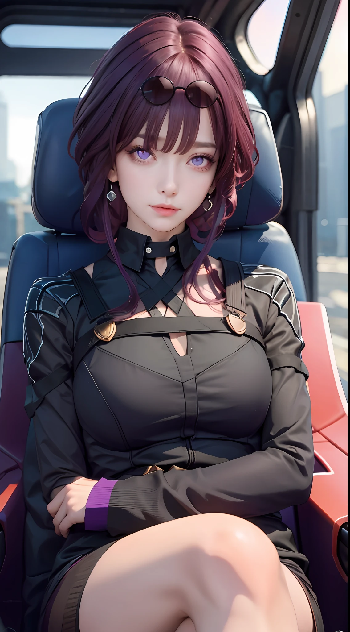 Masterpiece level, highest quality assurance, highlighting the image of 1 girl, official style, fantastic purple eyes and hair, elastic skin, moderate medium shot, looking directly at the audience, clear picture and vignetting effect, detailed and charming eyes (pureerosface_v1:0.5), extremely provocative action, intense star track background, bustling cross-legged, arrogant bangs, horror apocalyptic background, the same color for the left and right eyes.