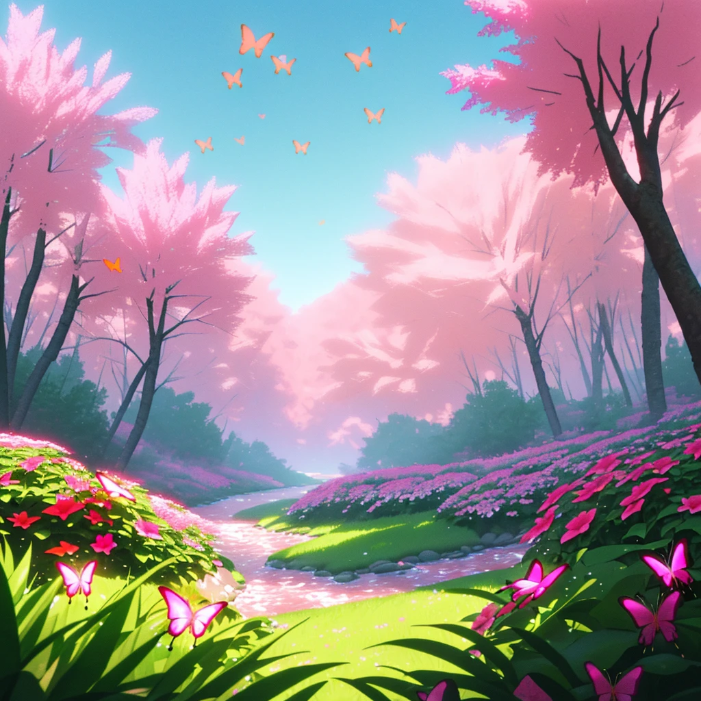 Images colorful forest miscellaneous colors pink color pink with colorful flowers orange green red blue river butterflies real photo 3d cinema 8k sun well lit vibrant colors shrubs rocks
