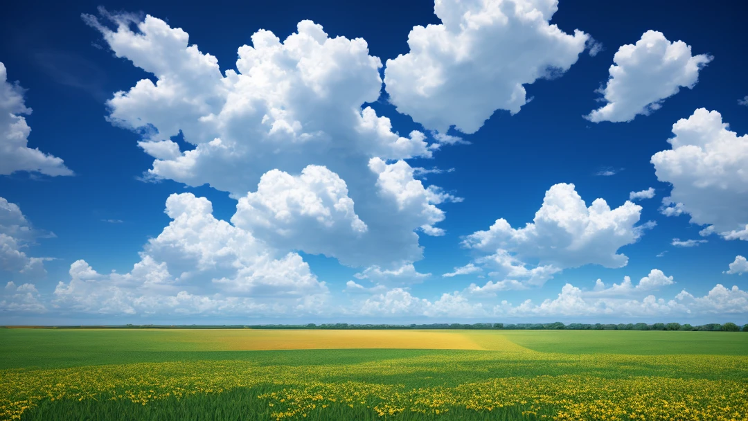 keywords: Summer, heaven, large clouds, blue sky, hot weather, HD detail, hyper-detail, cinematic, ray tracing, and surrealism, Vray animation