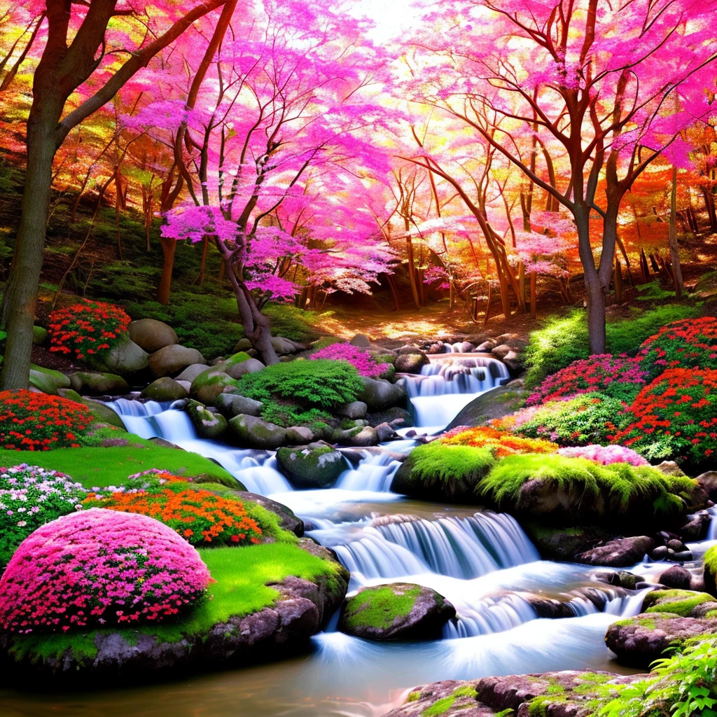 Images colorful forest miscellaneous colors pink color pink with colorful flowers orange green red blue river butterflies real photo 3d cinema 8k sun well lit vibrant colors shrubs rocks