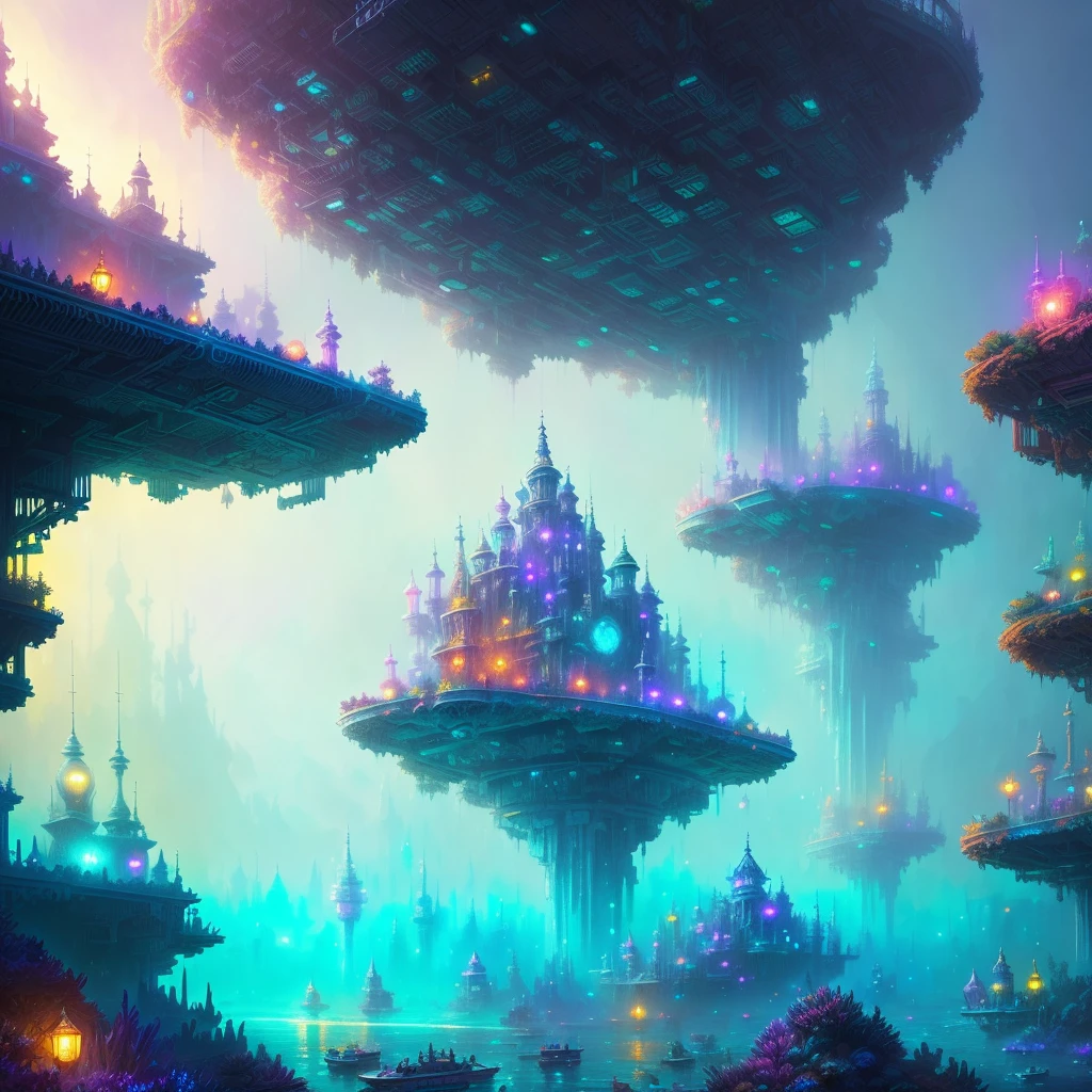 (best quality,masterpeace),(hyperdetailed colourful), An underwater city of bioluminescent creatures , hdr, cinematic lighting, trending on artstation,trending on CGSociety, professional majestic oil painting by greg rutkowski,immense detail, rim lighting, two tone lighting, dimly lit, low key ,