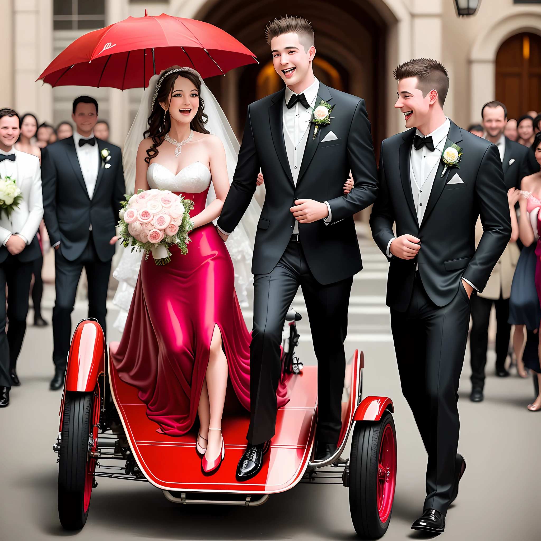 A guy on a tricycle catches up with the bride and groom in a Ferrari