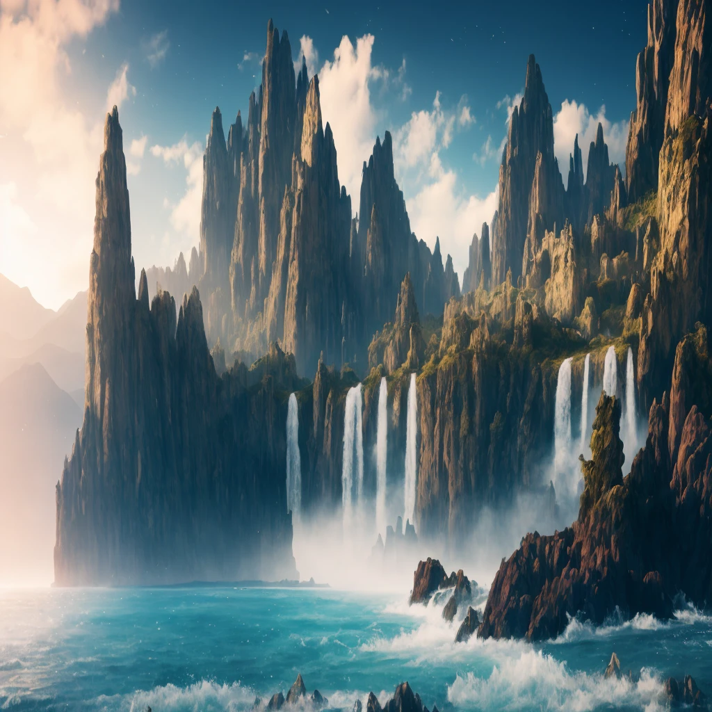 mountains and waterfalls are in the background of a beautiful landscape, impressive fantasy landscape, epic fantasy landscape, epic dreamlike fantasy landscape, 4k highly detailed digital art, 4k fantasy art, matte painting in fantasy style, 8 k matte painting, 8k matte painting, epic matte painting of an island, fantasy art landscape, 8k stunning artwork, most epic landscape