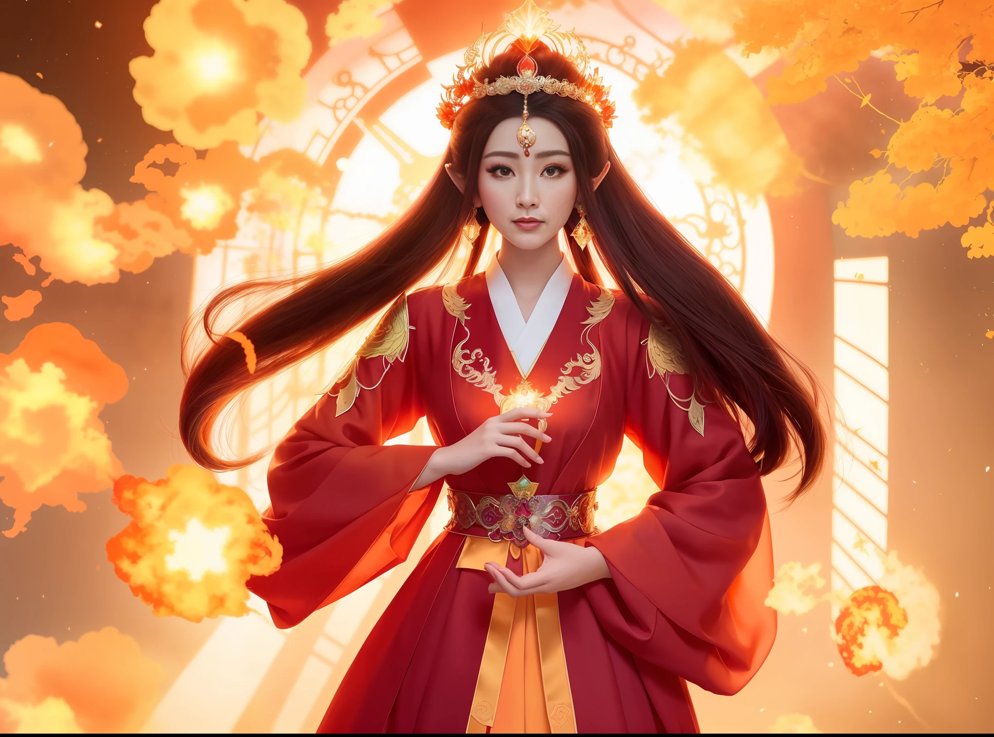 a close up of a woman in a dress with a phoenix fire in her hand, a beautiful fantasy empress, ((a beautiful fantasy empress)), beautiful celestial mage, beautiful and elegant elf queen, beautiful character painting, full body xianxia, portrait knights of zodiac girl, by Yang J, g liulian art style, fantasy art style,foreshortening, vertical third eye on forehead