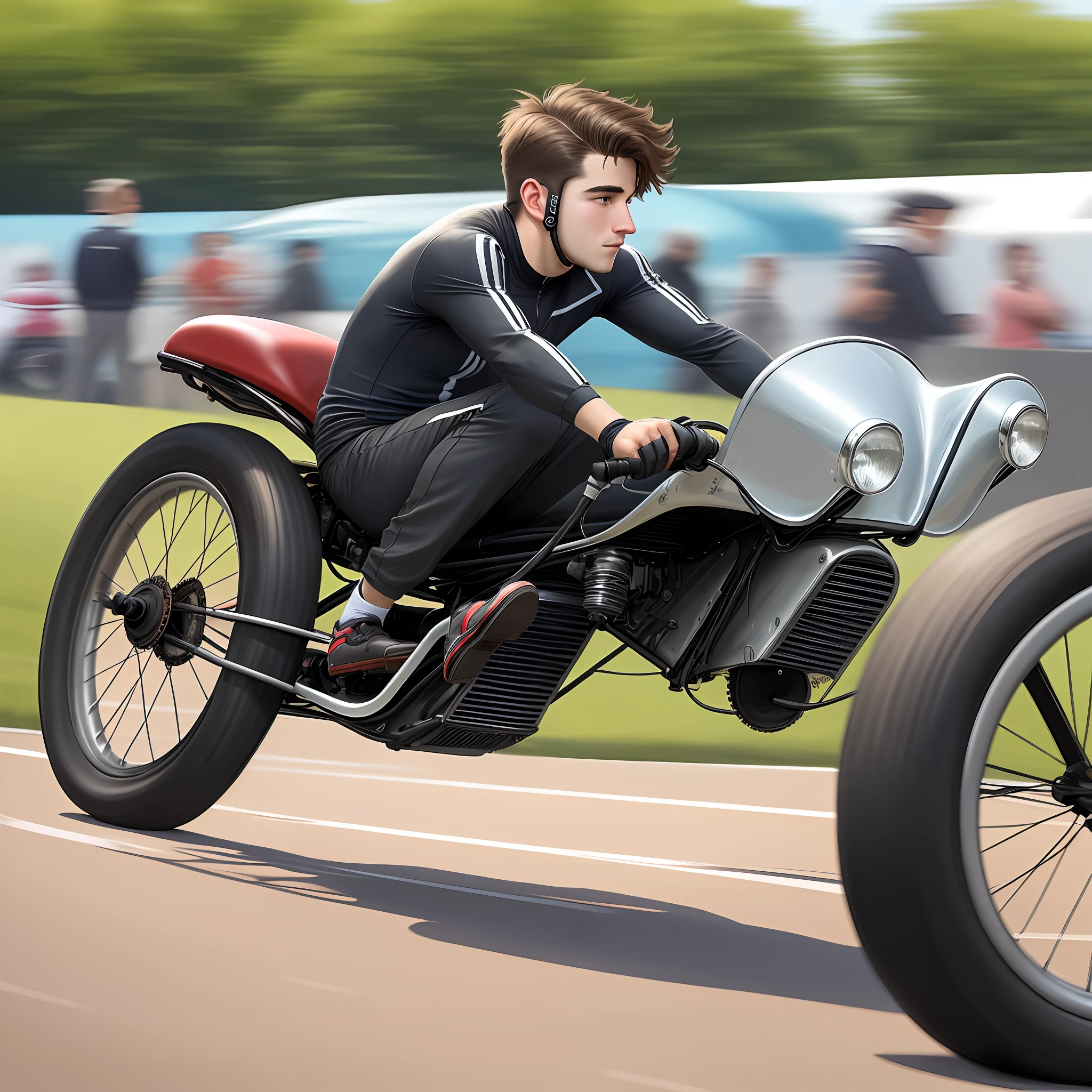 A guy rides a three-wheeled bicycle on the track behind the car