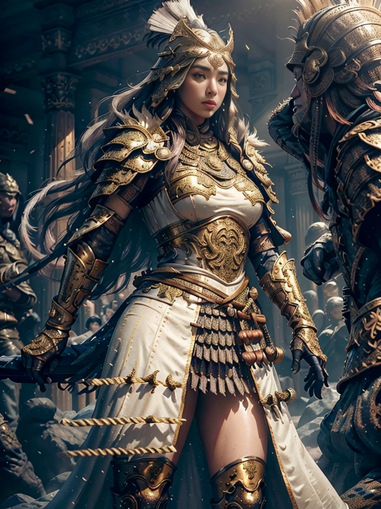 extremely beautiful young lady, subtle makeup, golden hour, photorealistic, high contrast, 8k HD, detailed, hyper-detailed, realistic skin texture, long dark hair, big breast, best quality, ultra high res, raw photo, dramatic lighting, unreal engine, diffuse glow intricate silver eaba, white imperial cape, spear, sword, no helm