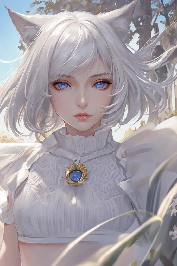 Masterpiece, highres, high quality, Detailed face, best quality,1girl, (miqote:1.1), cat ears, (pale skin:1.1), cat girl, (white hair), blue eyes, (looking at viewer:1.2), lips ajar, (field, outdoors:1.1), anthropomorphic, white crop top,  bangs, short hair, up close, ((face focus)),