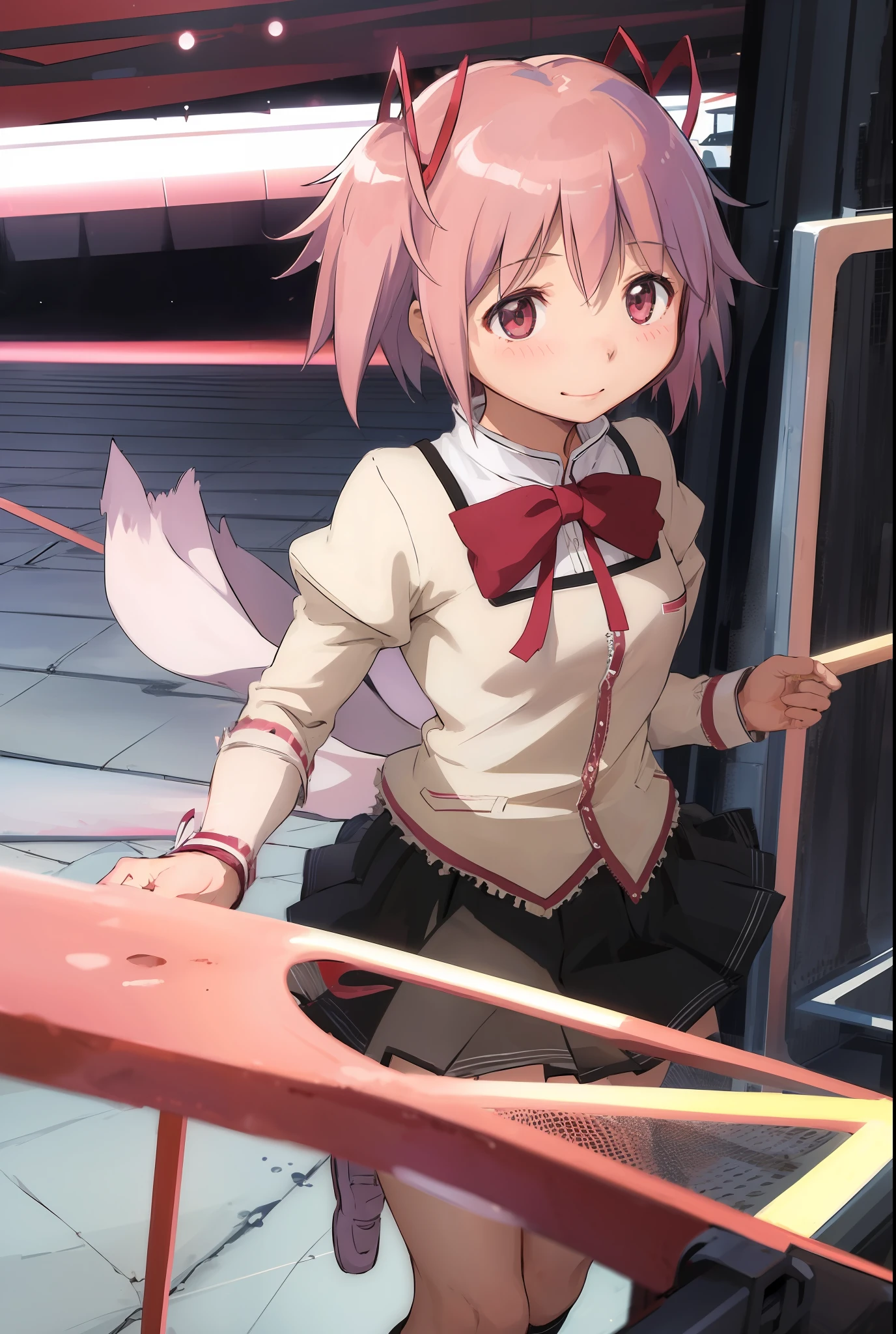 1girl, solo, madoka, school uniform, black skirt, happy, closed mouth, outdoors background