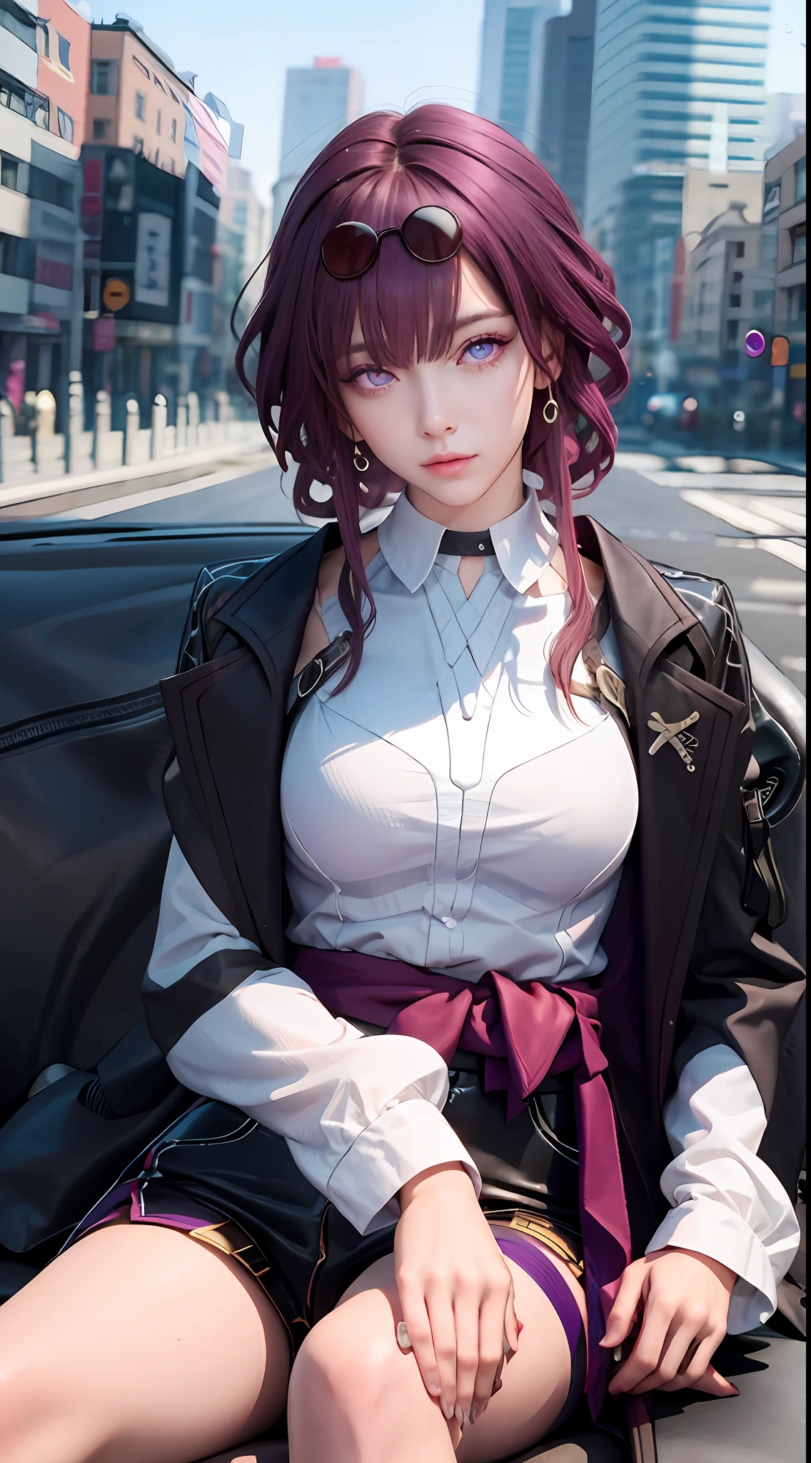 Masterpiece level, highest quality assurance, highlighting the image of 1 girl, official style, fantastic purple eyes and hair, elastic skin, moderate medium shot, looking directly at the audience, clear picture and vignetting effect, detailed and charming eyes (pureerosface_v1:0.5), extremely provocative action, intense star track background, bustling cross-legged, arrogant bangs, horror apocalyptic background, the same color of left and right eyes, holding a gun in his hand