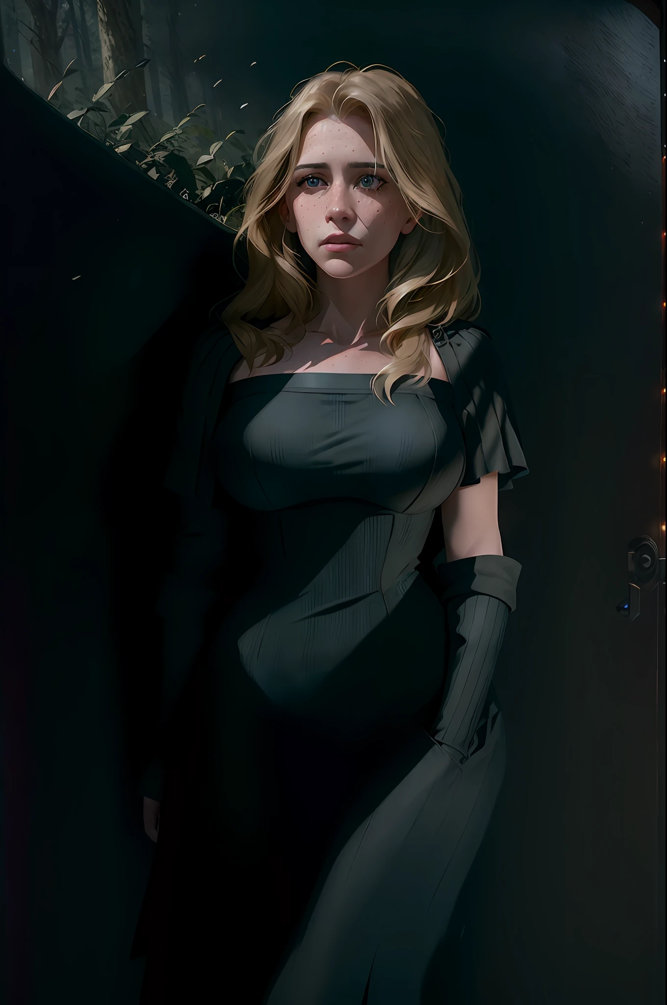 Deep shadows, sinister, winning photo, best quality, masterpiece, upper body, woman, freckled face, windblown blonde hair, emerald eyes, modern strapless dress by Jeremy Lipkin, Antonio J. Mann Sanedo, Lee Jeffries Nikon d850 film stock photo 4 Kodak portra 400 camera f1.6 lens rich colors ultra realistic realistic textures dramatic lighting unreal engine trends on artstation cinestill 800, fisheye lens, Style-Kilt , windy beaches, Scottish lochs, forests