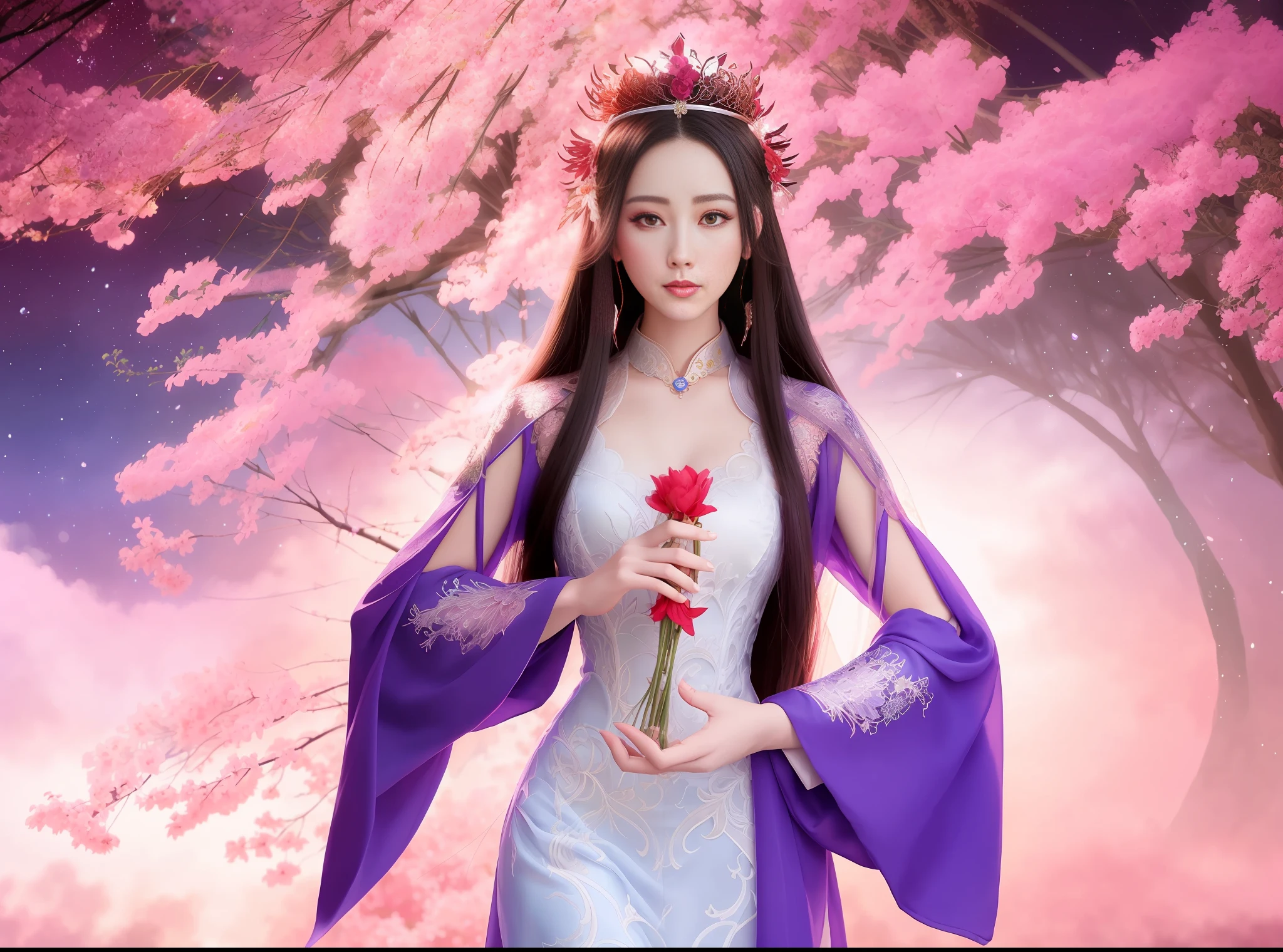 a close up of a woman in a sexy lace dress with a phoenix flower in her hand, a beautiful fantasy empress, ((a beautiful fantasy empress)), beautiful celestial mage, beautiful and elegant elf queen, beautiful character painting, full body xianxia, portrait knights of zodiac girl, by Yang J, g liulian art style, fantasy art style,foreshortening