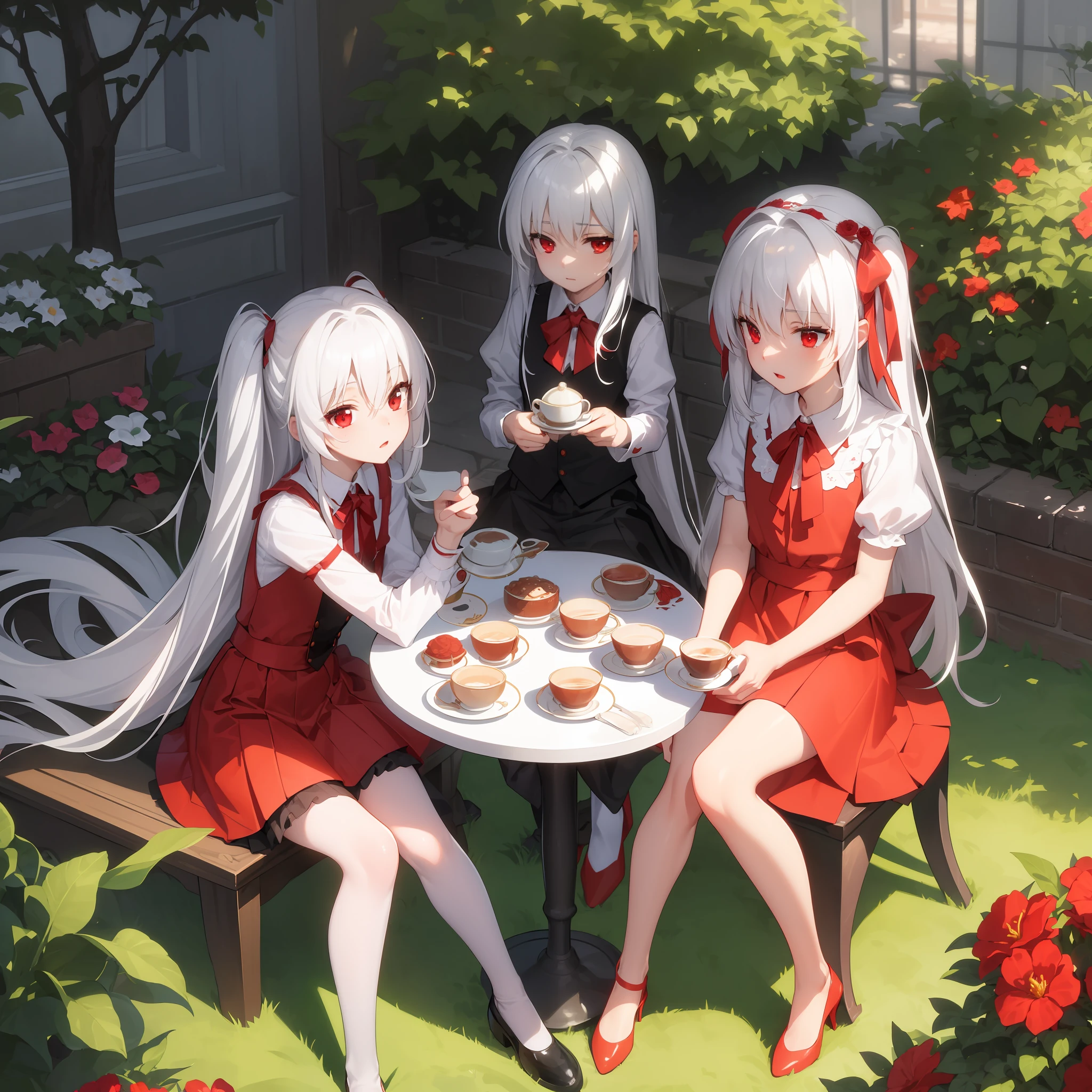 Masterpieces: 1.2), (Best Quality: 1.2), Detailed, Afternoon Time, White Hair and Red Eyes, Garden, Afternoon Tea, Loli, Kurt, Little Busters