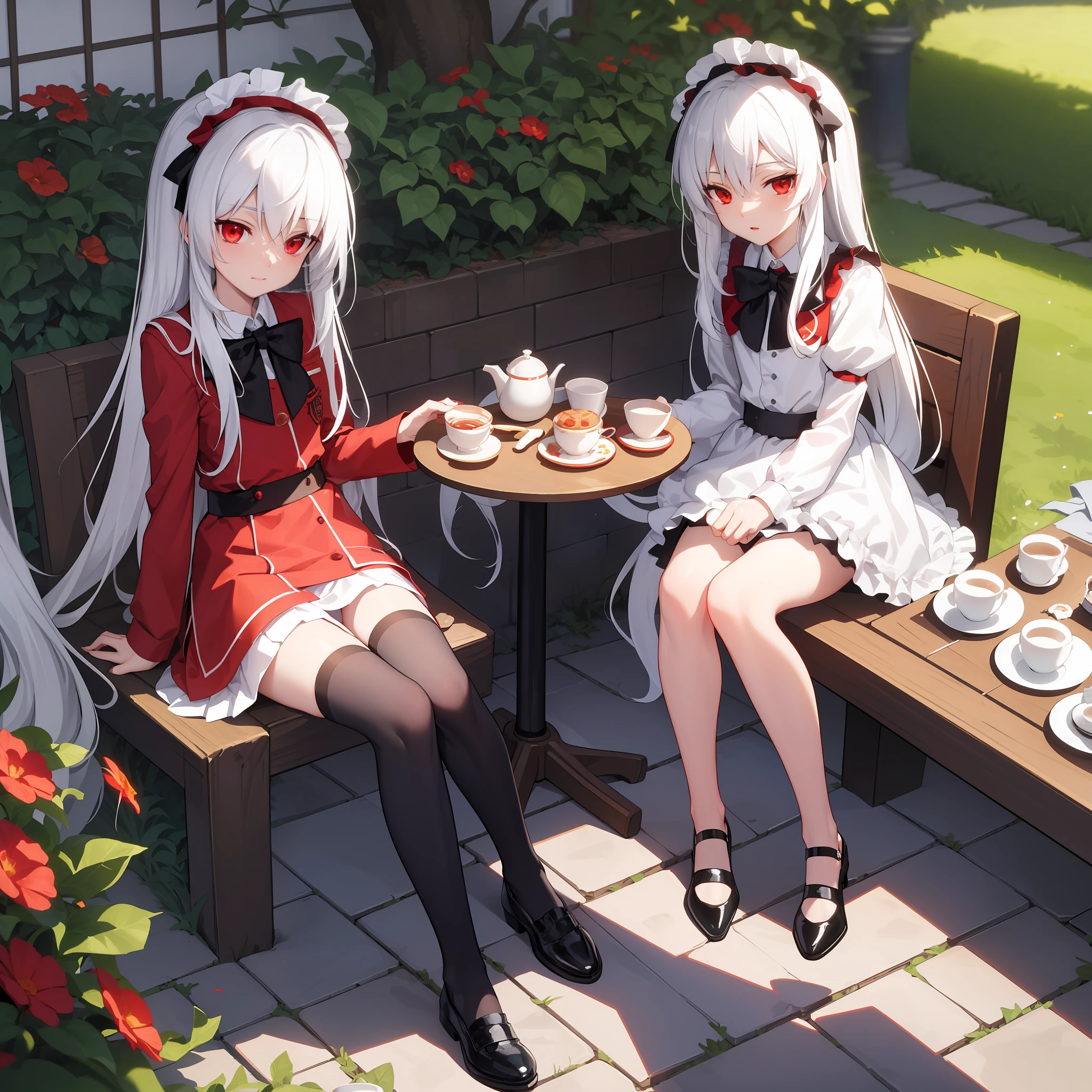 Masterpieces: 1.2), (Best Quality: 1.2), Detailed, Afternoon Time, White Hair and Red Eyes, Garden, Afternoon Tea, Loli, Kurt, Little Busters