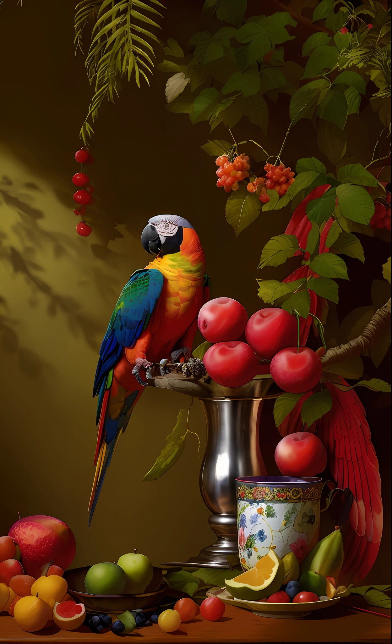 there is a parrot sitting on a branch next to a bowl of fruit, colorful hd picure, detailed painting 4 k, fruit and feathers, beautiful art uhd 4 k, 4k highly detailed digital art, amazing wallpaper, parrot, beautiful wallpaper, high quality wallpaper, 8k high quality detailed art, hd digital painting, beautiful digital artwork, digital painting highly detailed