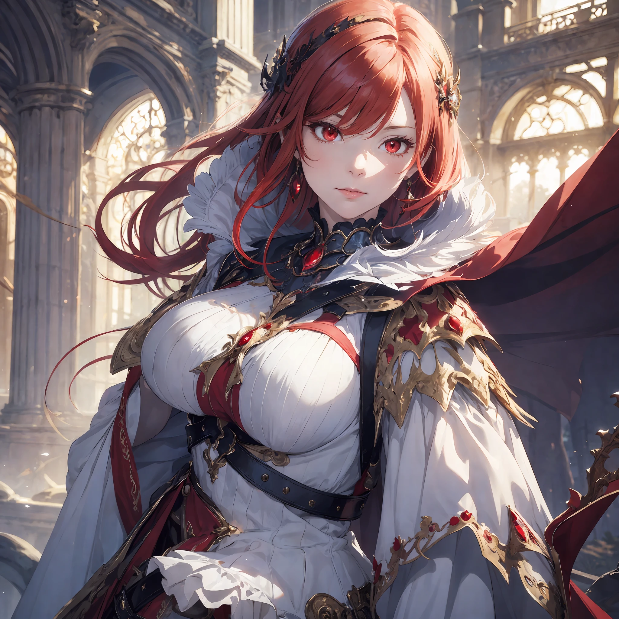 masterpiece, best quality, 1woman adult, older milf, female focus, solo, red hair, vibrant red eyes, long hair with fringe, looking at viewer, cape, closed mouth, upper body, bangs, high collar,(kbxll:0.6), Fantasy aesthetics, fantasy earring, Highly detailed, white dress, shadowverse character concept, shadowverse style