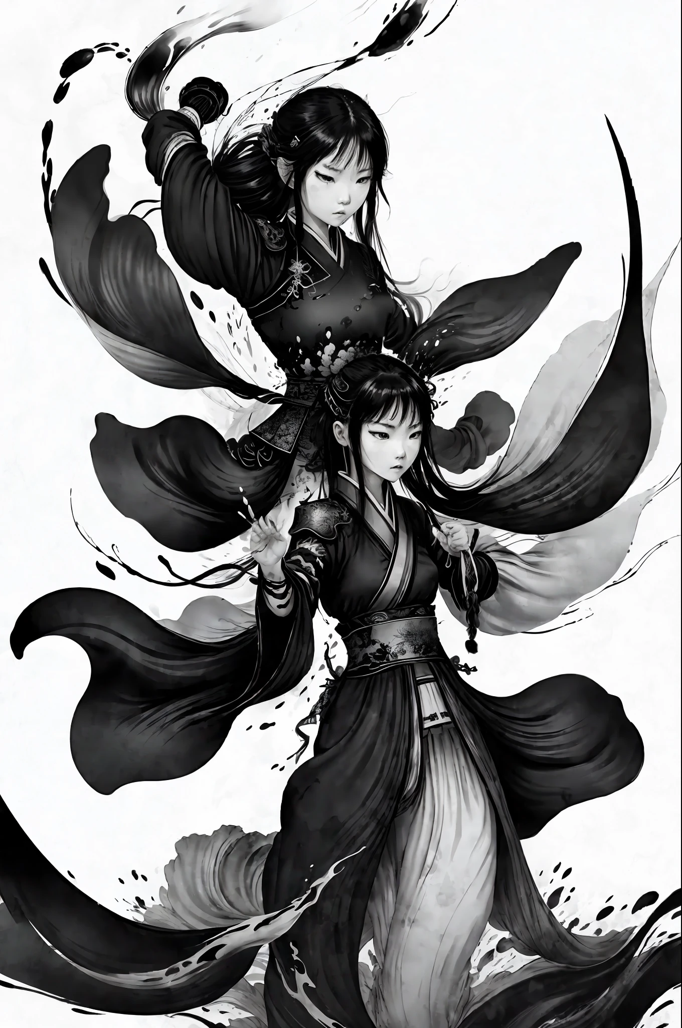 zydink, monochrome, ink sketch, 1 girl, chinese general (young girl), fighting stance, looking at the audience, long hair, floating hair, hanfu, chinese clothes, long sleeves, armor (abstract ink splash: 1.25), ((abstract ink splash: 1.2)) white background