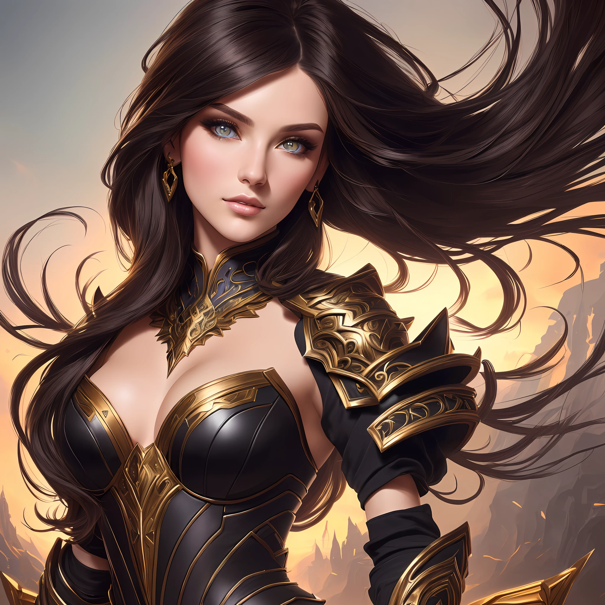 midshot, brunette woman in extremely detailed illustration by Eva Widermann, detailed body anatomically correct, ultradetailed face, black pupil, ultra detailed battleground background, complementary colors, fantasy concept art, 8k resolution, league of legends digital art, oil painting, soft tetrad colors, well done color gradient, full head, lovely illustration, showing full head, keep proportions, best quality,