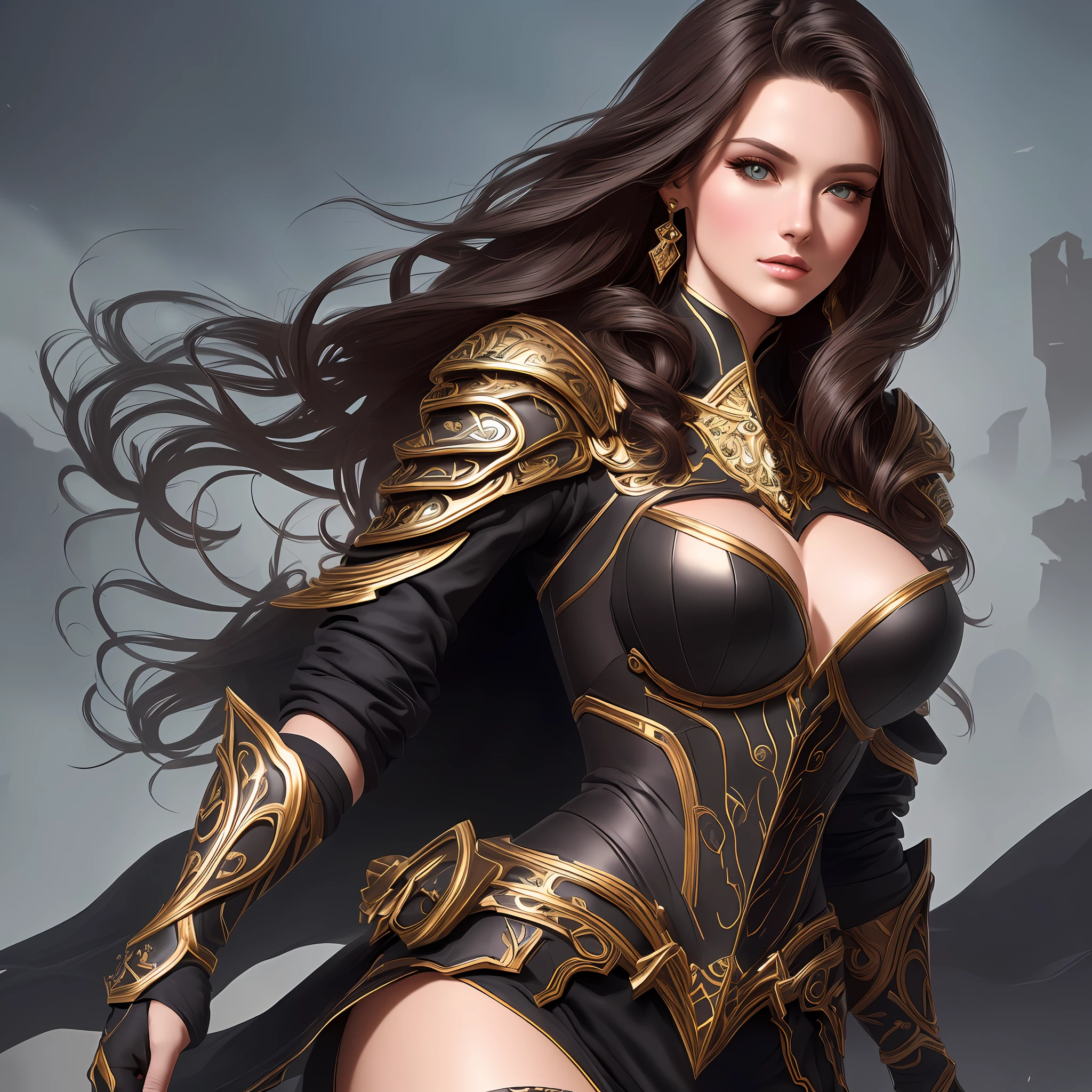 midshot, brunette woman in extremely detailed illustration by Eva Widermann, detailed body anatomically correct, ultradetailed face, black pupil, ultra detailed battleground background, complementary colors, fantasy concept art, 8k resolution, league of legends digital art, oil painting, soft tetrad colors, well done color gradient, full head, lovely illustration, showing full head, keep proportions, best quality,