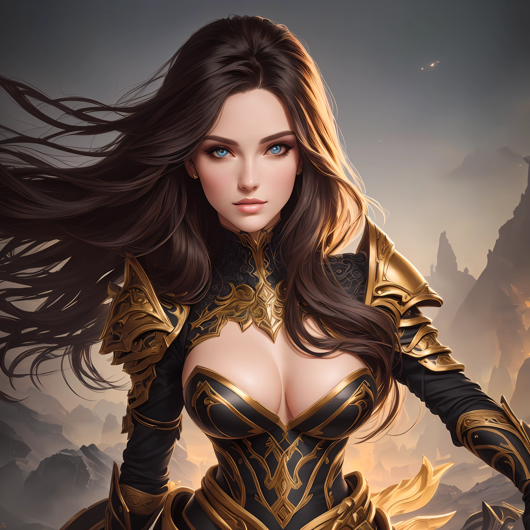 midshot, brunette woman in extremely detailed illustration by Eva Widermann, detailed body anatomically correct, ultradetailed face, black pupil, ultra detailed battleground background, complementary colors, fantasy concept art, 8k resolution, league of legends digital art, oil painting, soft tetrad colors, well done color gradient, full head, lovely illustration, showing full head, keep proportions, best quality,