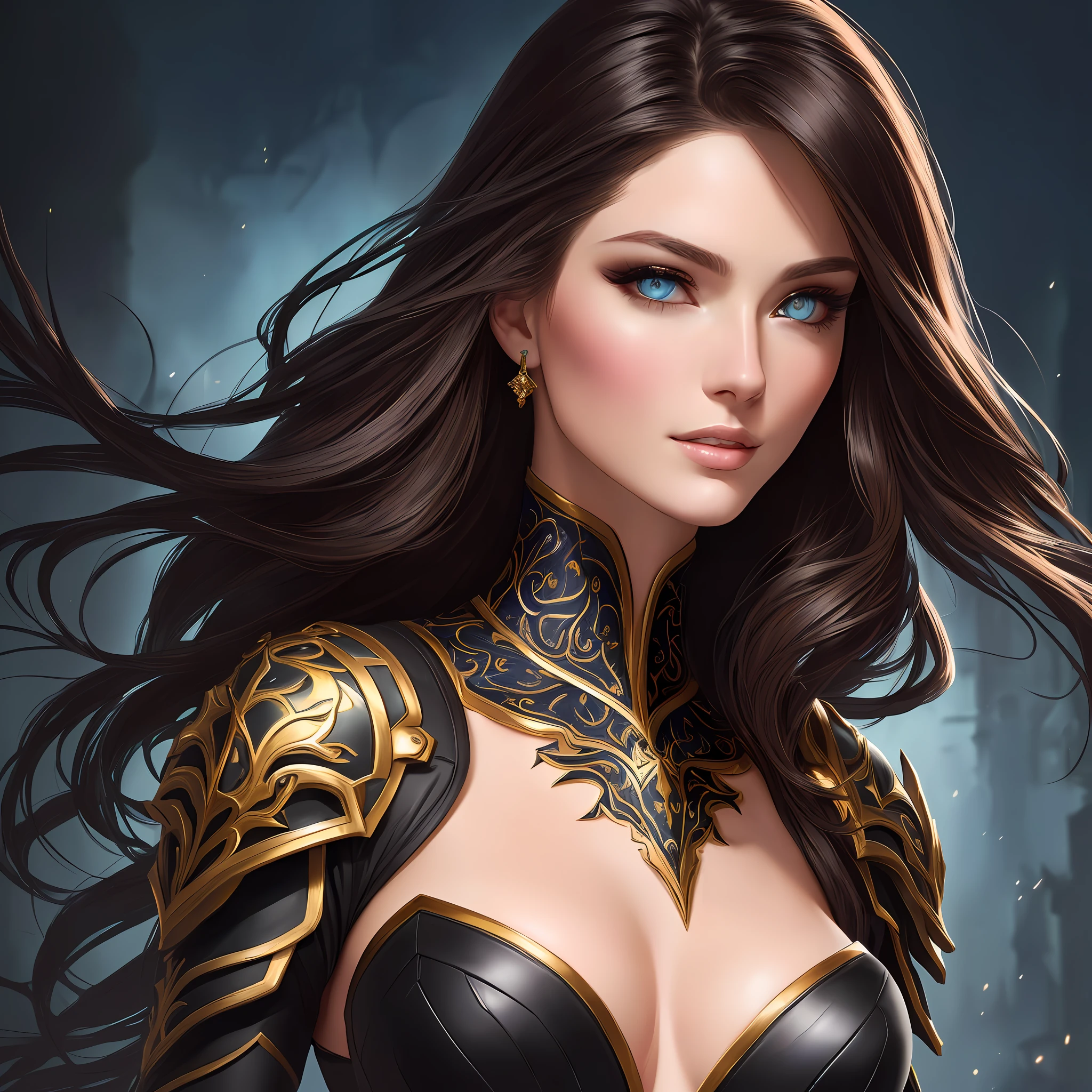 midshot, brunette woman in extremely detailed illustration by Eva Widermann, detailed body anatomically correct, ultradetailed face, black pupil, ultra detailed battleground background, complementary colors, fantasy concept art, 8k resolution, league of legends digital art, oil painting, soft tetrad colors, well done color gradient, full head, lovely illustration, showing full head, keep proportions, best quality,