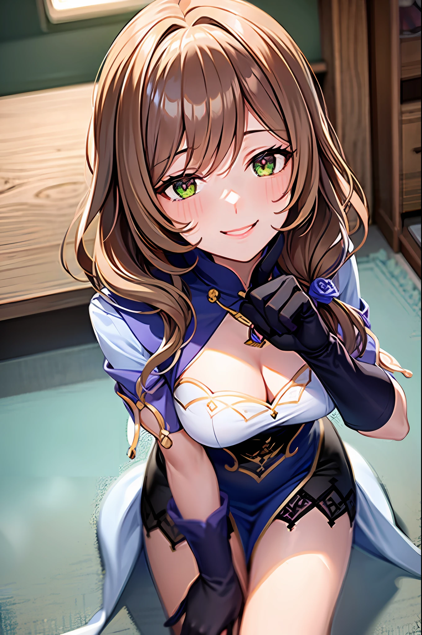 4k, smiling, looking at viewer, blushinh face, library background