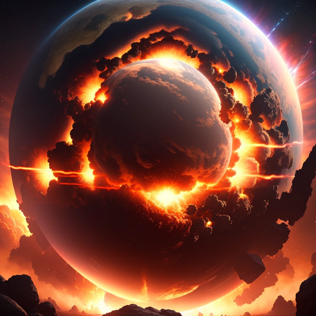 A planet in explosion, HD, close-up, realistic, doomsday style, epic, big scene, complex, artstation, ultra-detailed, cinematic, warm light, dramatic light, intricate details