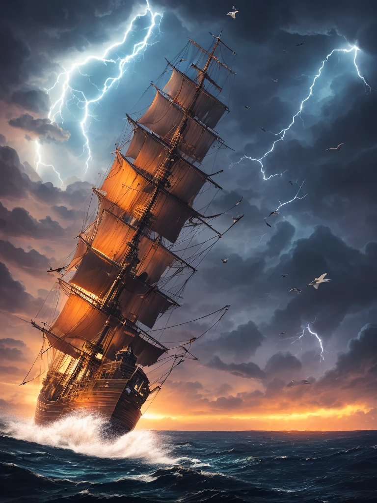 The ship is in the center of the ocean, dark night, violent storms, HD, mermaid, orange thunder background, best quality, some rocks around, rocks, best ship, mermaid on ocean, best mermaid, 16k, big ship, ship close to camera, Birds fly around, birds, night time, best lights, octane