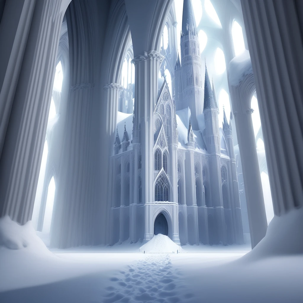 Pure white fantasy, snow world, surreal, gothic castle, cathedral, holy light, Hogwarts architecture,