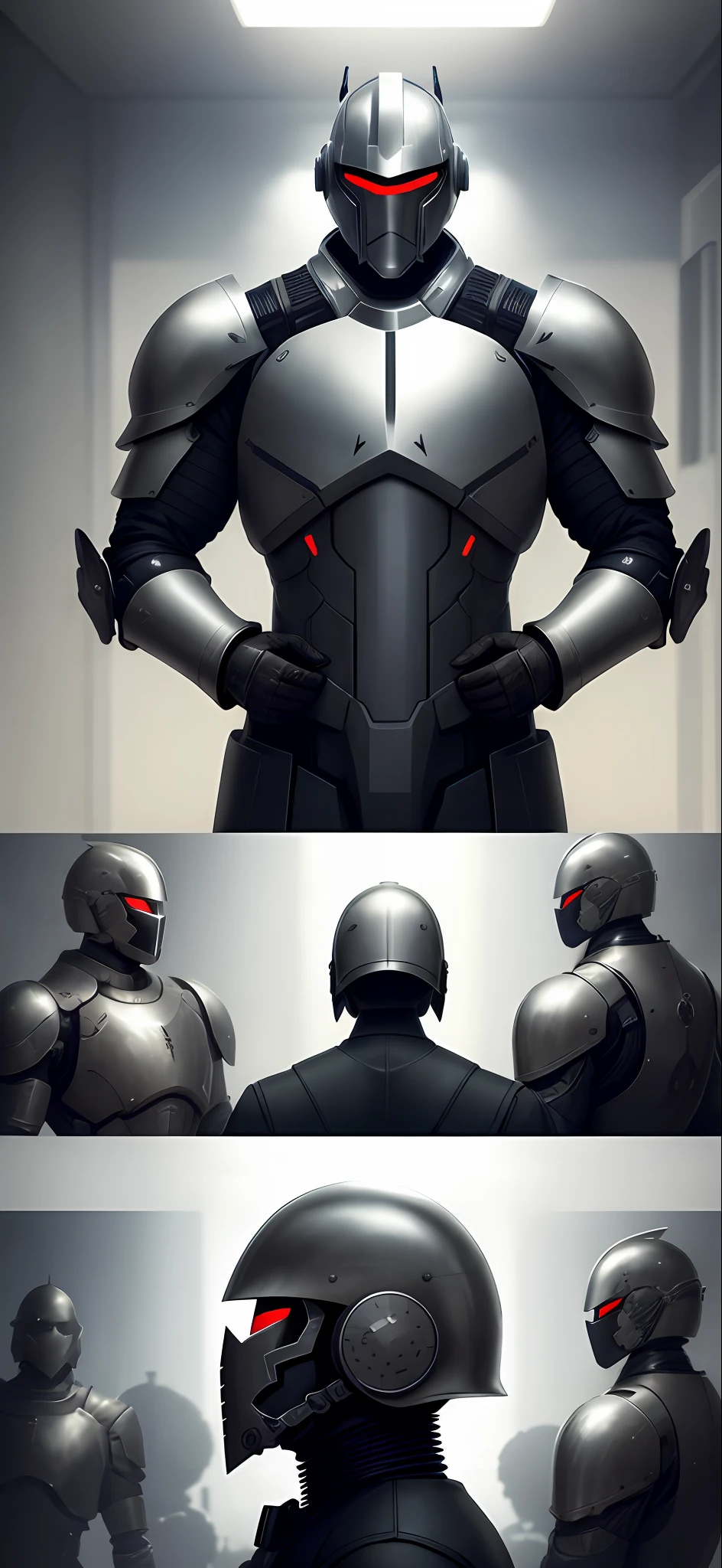 A man in futuristic steel armor, a steel helmet and a mask, 4 cannons of machine guns behind his back,