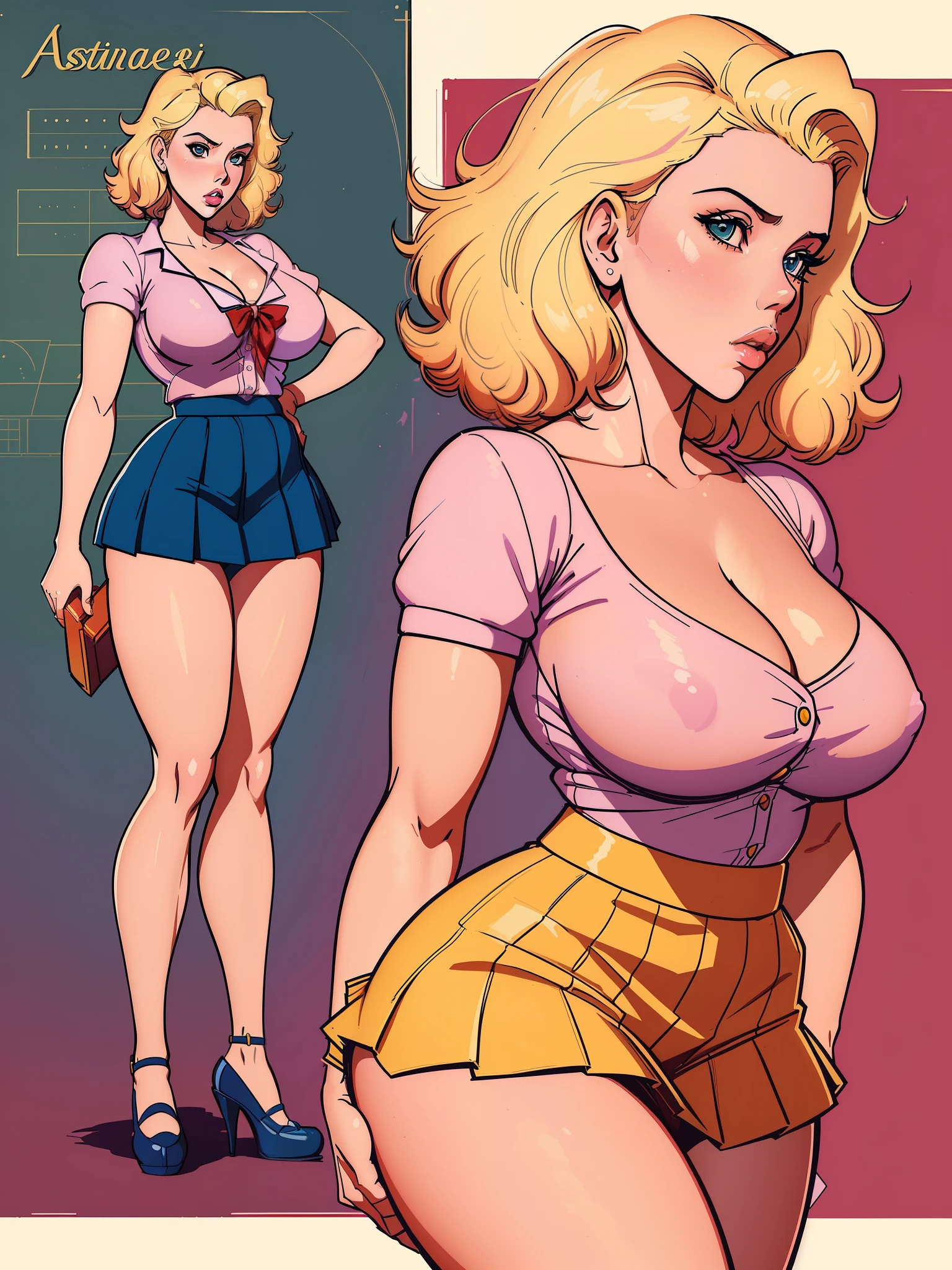 ((vintage+80s anime)style),(girl+elegant),(Scarlett Johansson, blonde),(short skirt, highly detailed),(digital painting+artstation+pixiv+concept art),sharp focus,illustration.