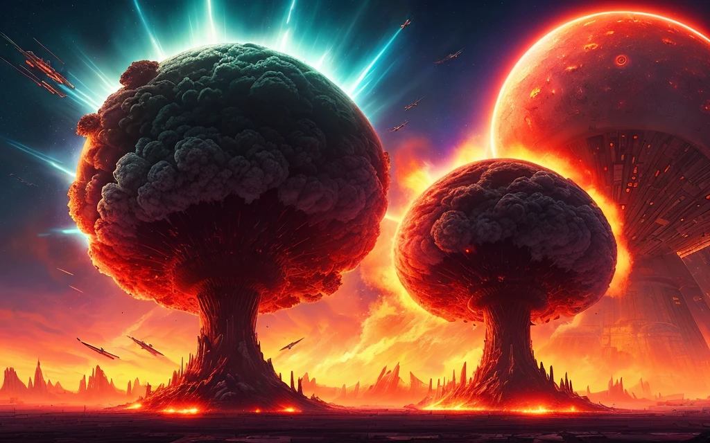 A giant mushroom cloud explosion, Coruscant, Star Wars style, earth split, magma gushing, chaos, panic, epic realism, faded, neutral, (HDR), (((doomsday style)))), (complex), artstation, ultra-detailed, cinematic, warm light, dramatic light, intricate details, complex background, dark, blood red sky