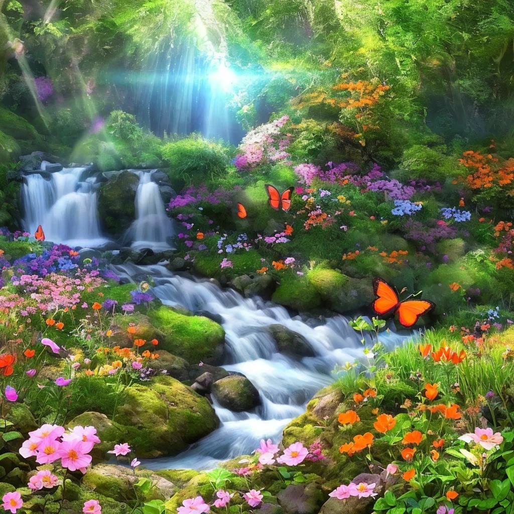 Flowers, magical elements, mobile games, forest plants, a touch of magical elements and small animals playing alongside images colorful forest various colors pink color with colorful flowers orange green red blue river butterflies real photo 3d cinema 8k sun well lit vibrant colors shrubs rocks