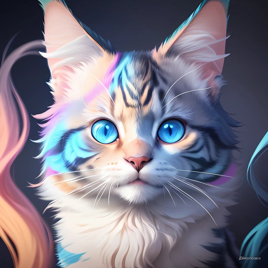 a painting of a colorful cat with blue eyes, a digital painting, Behance contest winner, hd vector art, Maine coon, blurred and dreamy illustration, super detailed color low poly art