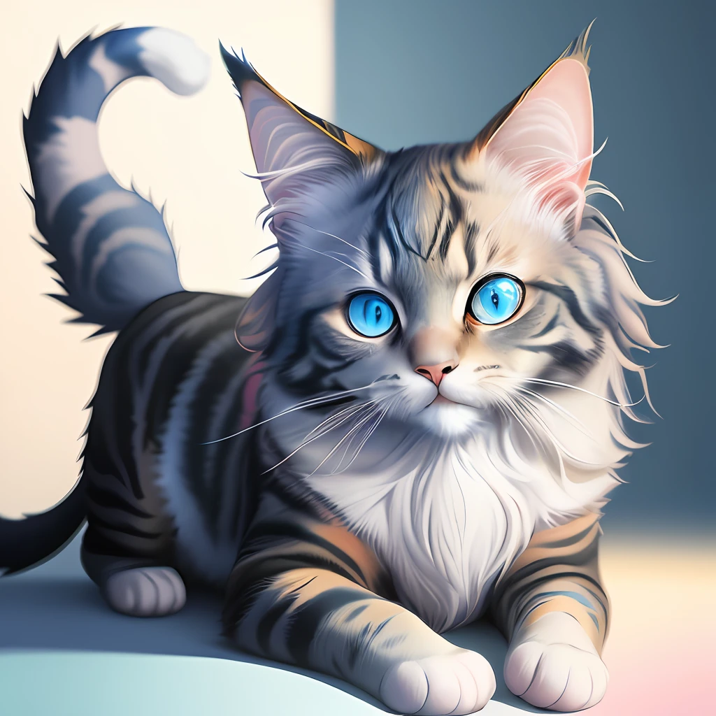 a painting of a colorful cat with blue eyes, a digital painting, Behance contest winner, hd vector art, Maine coon, blurred and dreamy illustration, super detailed color low poly art