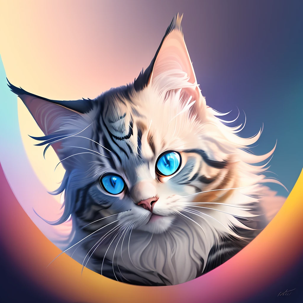 a painting of a colorful cat with blue eyes, a digital painting, Behance contest winner, hd vector art, Maine coon, blurred and dreamy illustration, super detailed color low poly art