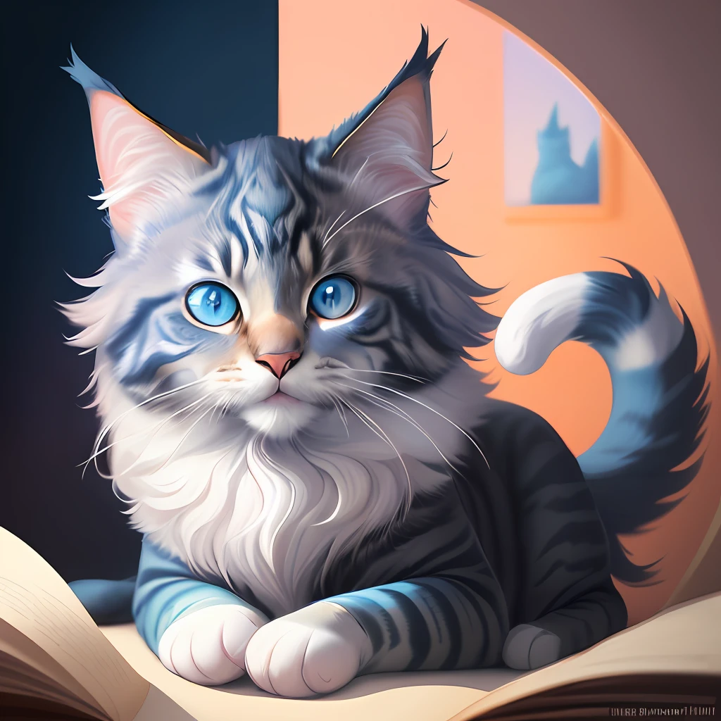 a painting of a colorful cat with blue eyes, a digital painting, Behance contest winner, hd vector art, Maine coon, blurred and dreamy illustration, super detailed color low poly art