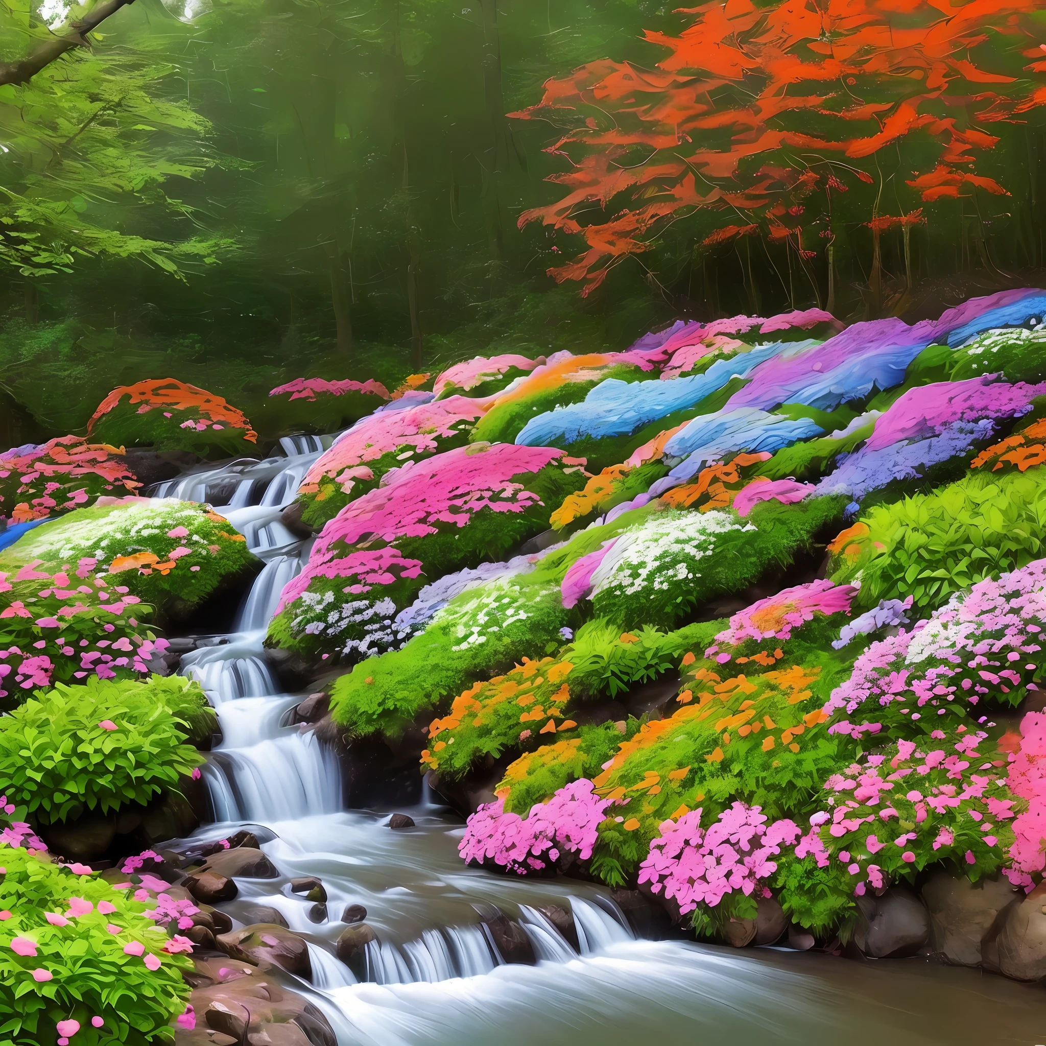 Flowers, magical elements, mobile games, forest plants, a touch of magical elements and small animals playing alongside images colorful forest various colors pink color with colorful flowers orange green red blue river butterflies real photo 3d cinema 8k sun well lit vibrant colors shrubs rocks