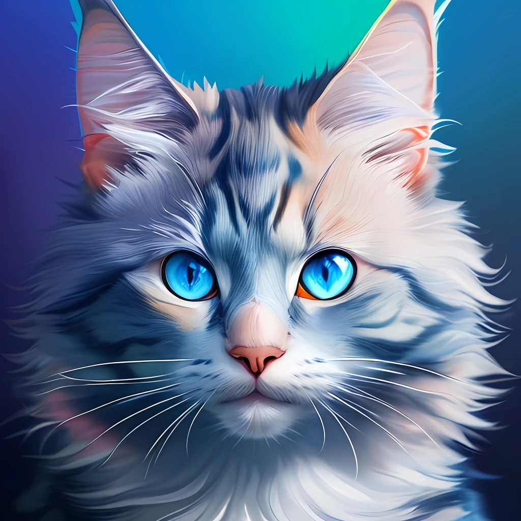 a painting of a colorful cat with blue eyes, a digital painting, Behance contest winner, hd vector art, Maine coon, blurred and dreamy illustration, super detailed color low poly art