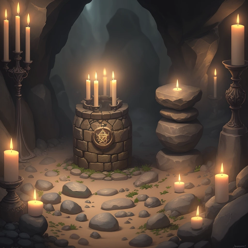 Dungeon, rocks, rocks on the ground, candles, symbols, magic, fantastic, fog, ornate, intricate, detailed, defined, digital art, illustration