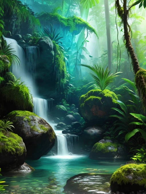sunny tropical jungle vivid colors asymmetrical waterfall into shallow pool rough chiseled large moss covered boulders (colorful plants:1.2) volumetric fog high contrast
(masterpiece:1.2) (flat vector illustration:1.1) (best quality:1.2) (detailed) (intricate) (8k) (HDR) (wallpaper) (cinematic lighting) (sharp focus)