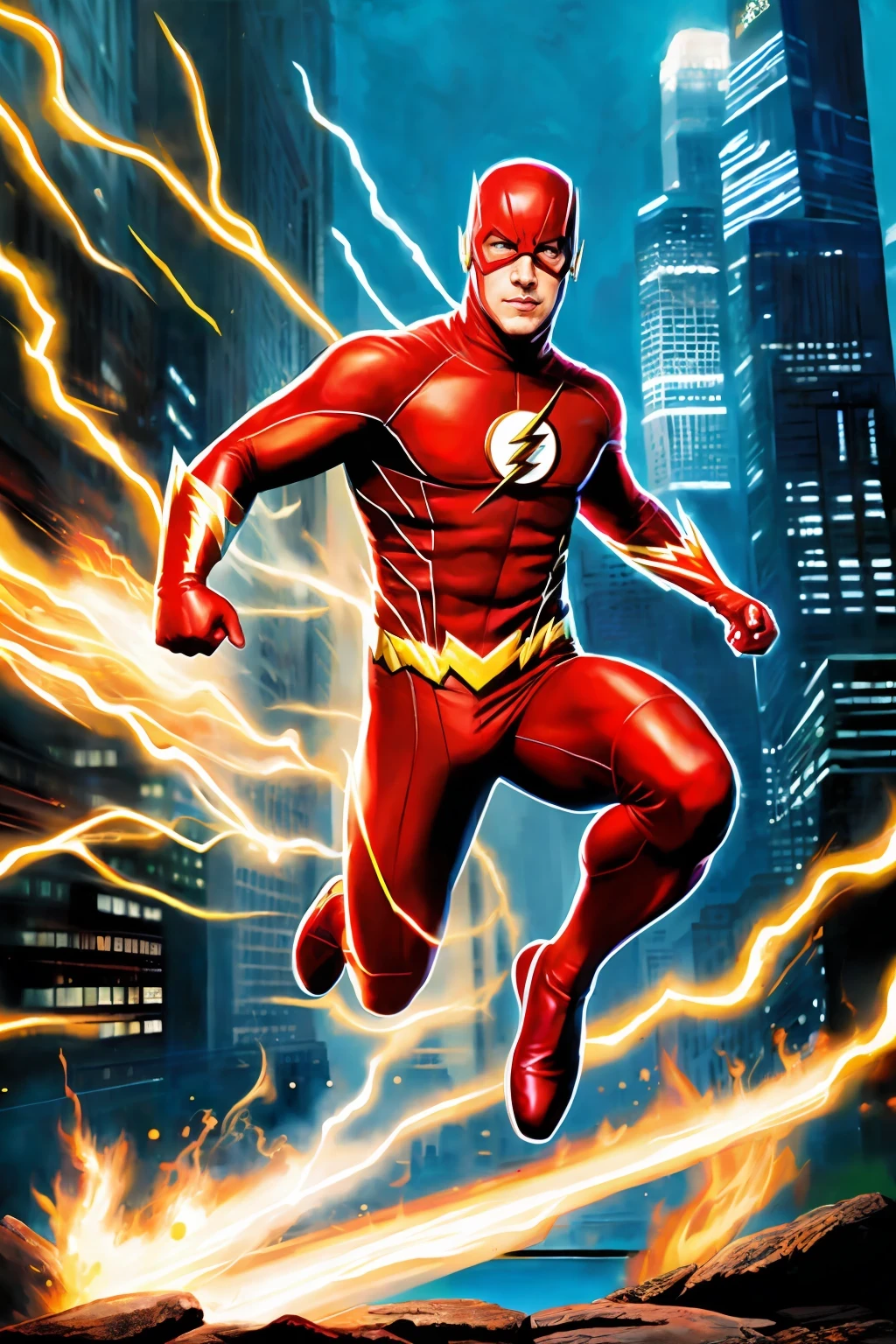 the flash from dc comics, full body::1, alex ross art, (alex ross style:0.5), alex ross art style, alex ross, speed, 4k, raw photo, best quality, masterpiece, ultra high res, (photorealistic:1.4), two hands, chinese traditional ink style, dynamic movement, dynamic pose, movement, Amazing Vector in oil painting environmental art cinematic, diorama, intricate detail, solo