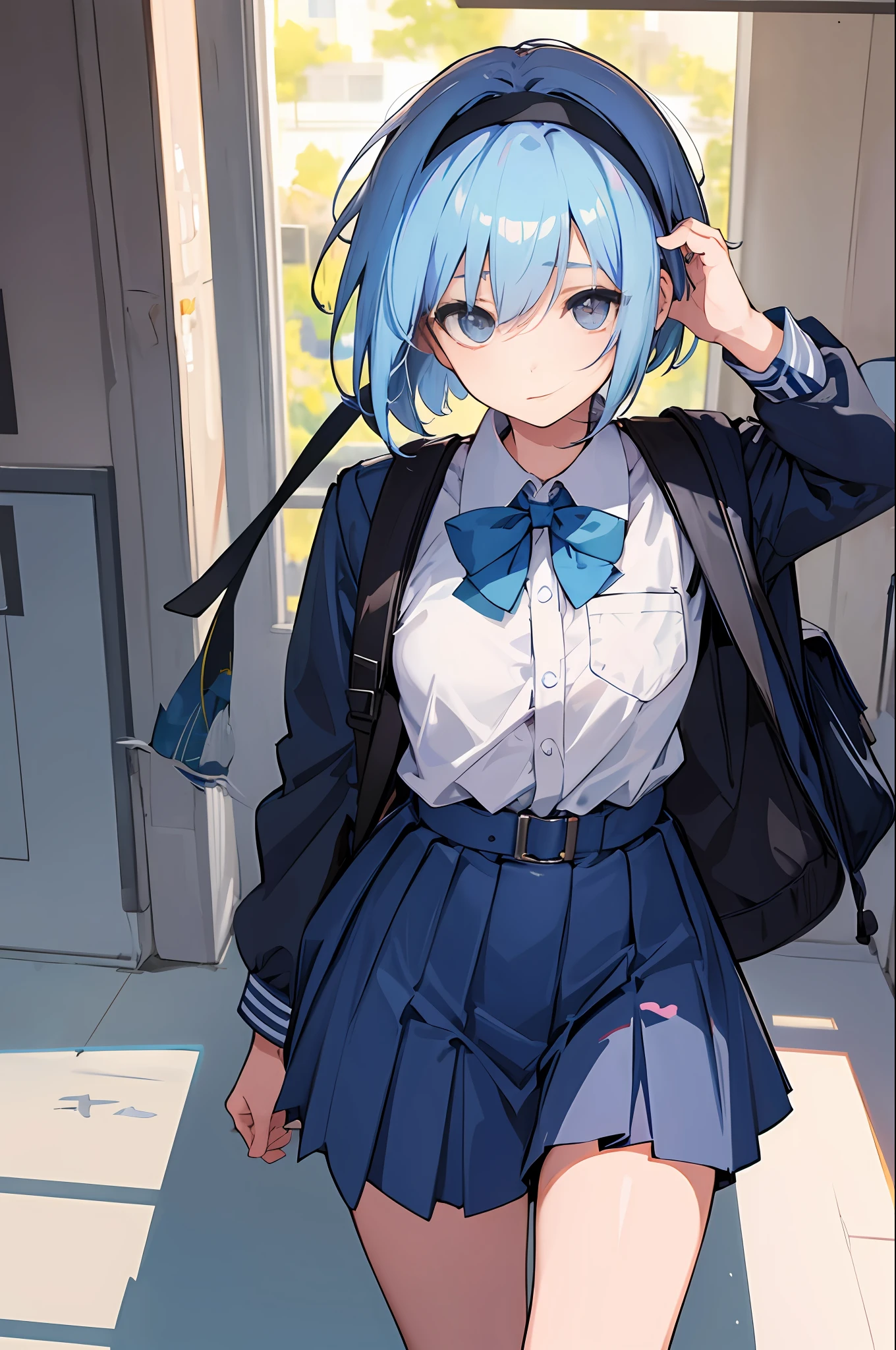 1 girl, uniform, in the classroom, girder belt, light blue hair, black hair band (inside the hair), ashime bob, short hair, walking, beautiful eyes, detailed fabric texture, holding a backpack, light eyes, side hair (long)