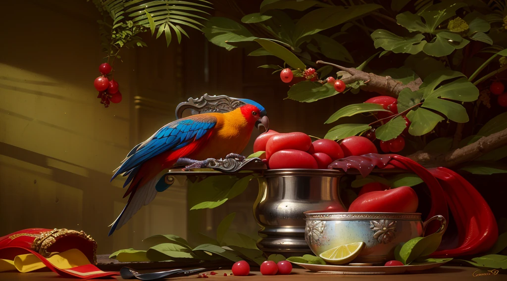 Luxury still life with red parrot, in the style of Jan Davids de Hem, silver cup, fruit, baroque conceptual design, complex filigree metal design, andré-charles boullet, cinematic 4d rendering, soft textures, digital painting, rich 3d rendering, hyperrealistic painting, monochrome background, 8k, hd, high resolution, detailed, ultra high res, high resolution, detail, masterpiece, premium photography, depth of field, HDR, chromatic aberration, photorealism, very detailed, artstation trend, CGsociety trend, intricate, Midjourney v5