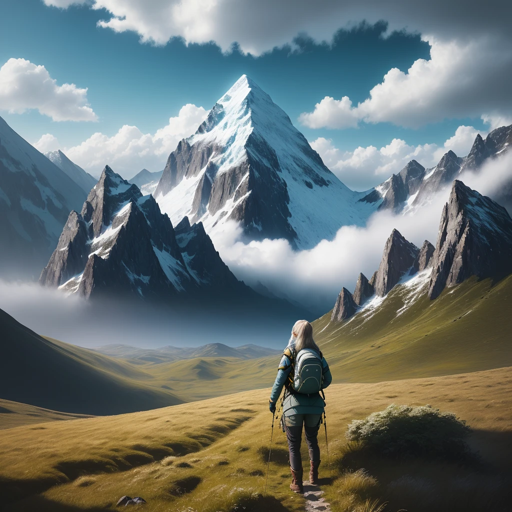 Best Quality, Masterpiece, Ultra High Resolution, (Realisticity: 1.4), Original Photo, Cinematic Lighting, 1Girl, Mountaineering, Dense Forest, Dense Grass, Blue Sky and White Clouds, (Backlight), Hot, Sweating