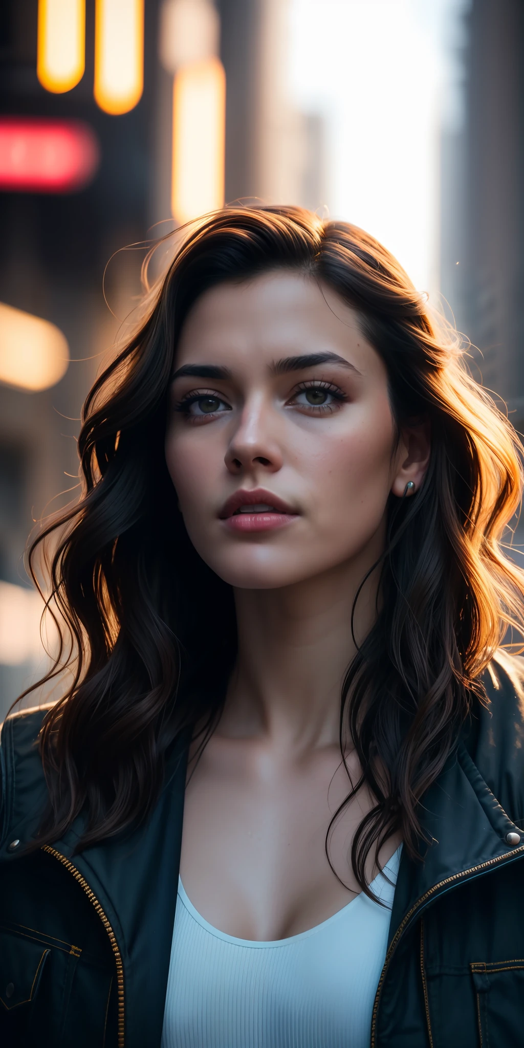 Full face portrait photo of a 25-year-old European girl, RAW, beautiful woman, semi-open strawberry lips, dimples, wistful look, (extra long wavy brown hair), ((detailed face)), ((detailed facial features)), (finely detailed skin), pale skin, (deep neckline detailed high-tech cyberpunk dress), cyberpunk megacity environment, (cool colors), damp, damp, reflections, (masterpiece) (perfect proportion)(realistic photo)(best quality) (detailed) shot on a Canon EOS R5, 50mm lens, F/2.8, HDR, (8k) (wallpaper) (cinematic lighting) (dramatic lighting) (sharp focus) (intricate), RAW photo, RAW photo, gigachad photo, posing for camera, black jeans, back arms, 8k uhd, dslr, high quality, grain film, Fujifilm XT3, film stock photography 4 kodak portra 400 camera f1.6 lens rich colors hyper realistic texture dramatic lighting unrealengine trend in artstation cinestill 800 tungsten, toughboy style, ultra focus face, intimidating, in fighting position, short messy hair, muscular, bursting veins, beaded