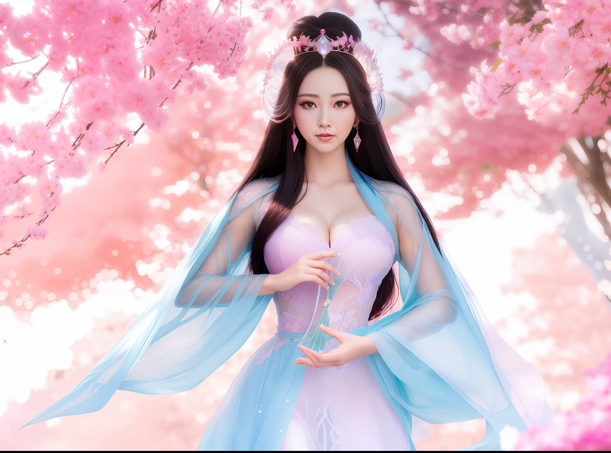 a close up of a woman in a sexy transparent lace dress gigantic cleavage breasts with a phoenix flower in her hand, a beautiful fantasy empress, ((a beautiful fantasy empress)), beautiful celestial mage, beautiful and elegant elf queen, beautiful character painting, full body xianxia, portrait knights of zodiac girl, by Yang J, g liulian art style, fantasy art style, foreshortening